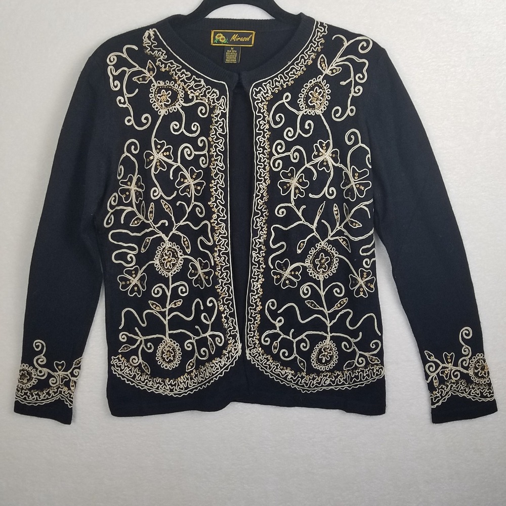 Mirasol Black Embroidered Cardigan Sweater Women M Gold Sequins cording Floral
